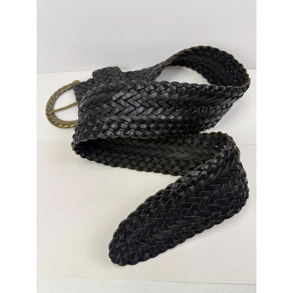 Club Monaco Dark Black Braided Leather Belt Wide Brass Rope Buckle VTG